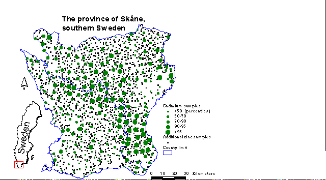 Figure 1. Location map for the study area of Skne, southern Sweden, showing cadmium levels and sample locations.