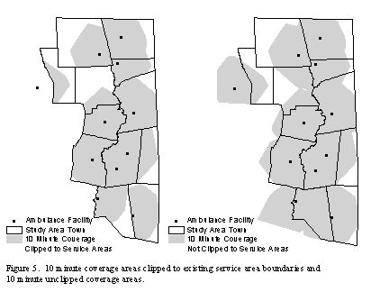 Figure 5. 10 minute coverage areas clipped to existing service area boundaries and 10 minute unclipped coverage areas.