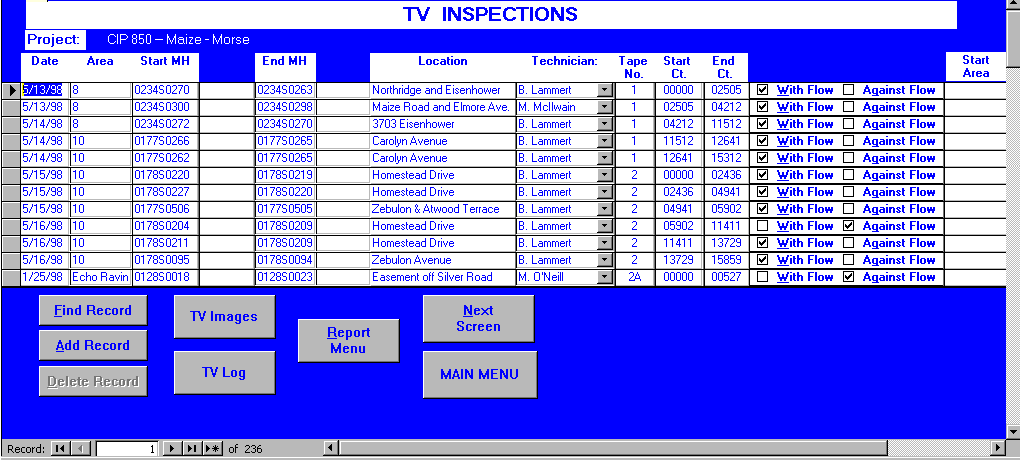 Figure 2: Database Interface Form For TV Inspection Data