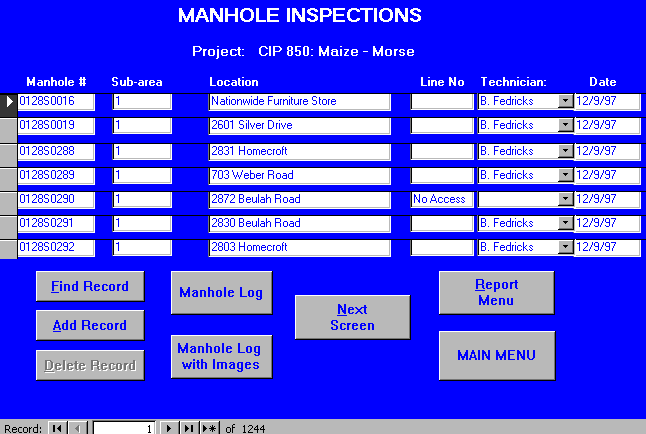 Figure 3: Database Interface Form For Manhole Inspection Data