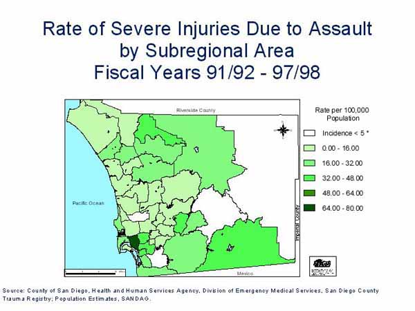 Rate of Severe Injuries Due to Assault by Subregional Area, Fiscal Years 91/92 - 97/98