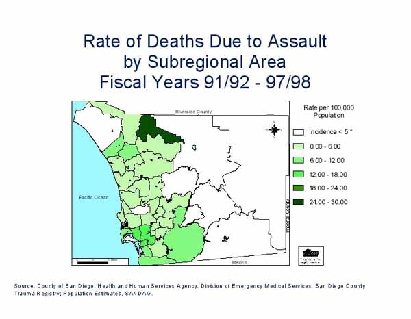 Rate of Deaths Due to Assault by Subregional Area, Fiscal Years 91/92 - 97/98