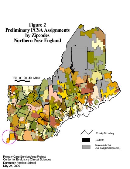 Figure 2 - Prelimiary Assignments of Zipcodes to PCSAs in Northern New England