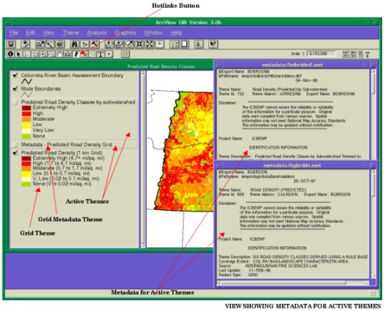 ArcView screen showing the hotlinks button and Metadata window