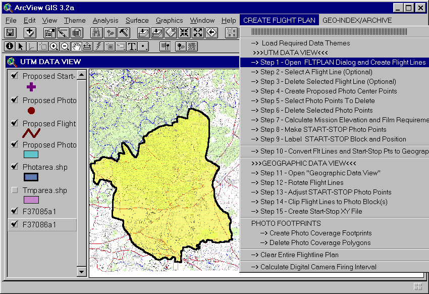 Figure 1. FLTPLAN Interface with Photo Mission Area overlaid on DRGs with the Planning Procedure Steps.