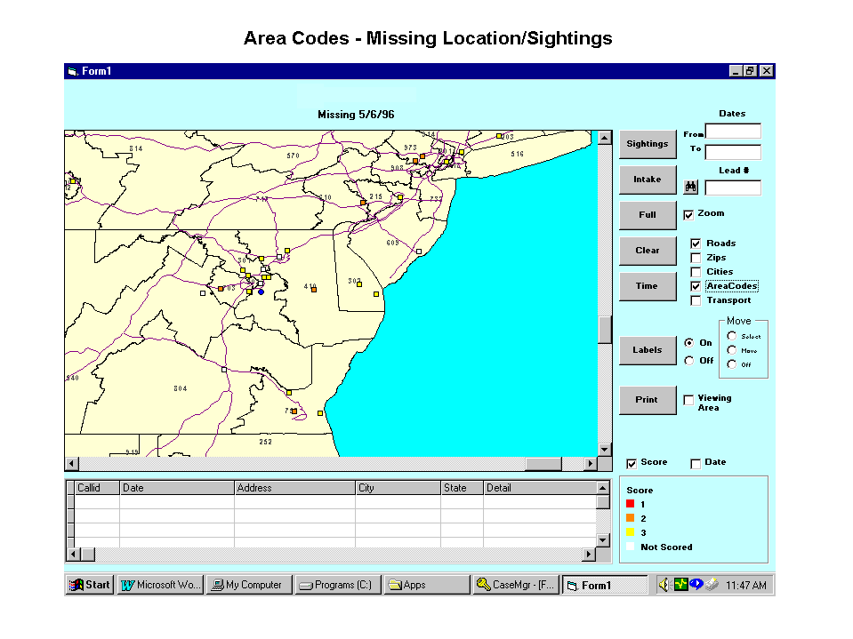 Area Codes - Missing Location/Sightings