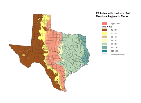 Typic Ustic Soil Moisture Regime Boundary over PE Index (PRISM) in Texas