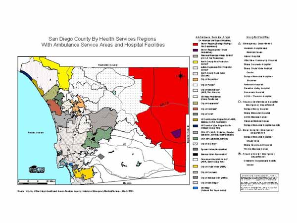 San Diego County gy Health Services Region with Ambulance Service Areas and Hospital Facilities