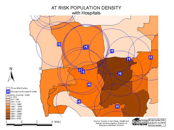At Risk Population Density with Hosptials (Zoomed in)