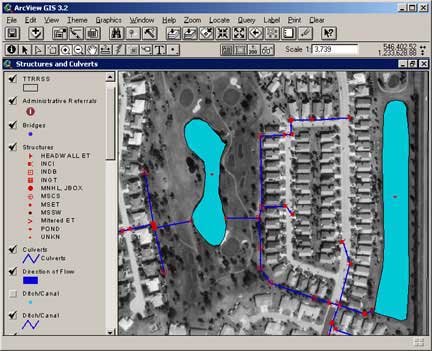 Figure 2. Screen-shot of customized ArcView interface showing stormwater assets.