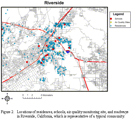 Locations of residences, schools, air quality monitoring site, and roadways in Riverside, California.