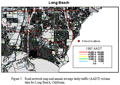 Road network map and annual average daily traffic (AADT) volume data for Long Beach, California.
