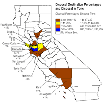 Map of California showing waste disposal data for Alameda county.