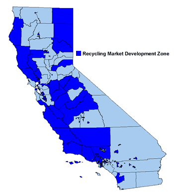 Map of California showing county boundaries and recycling market development zones.