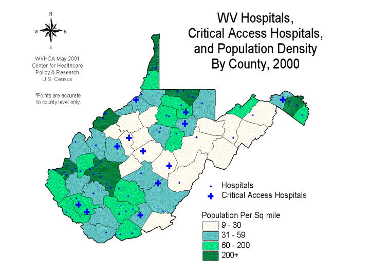 WV Hospitals, Critical Access Hospitals, and Population Density By County, 2000