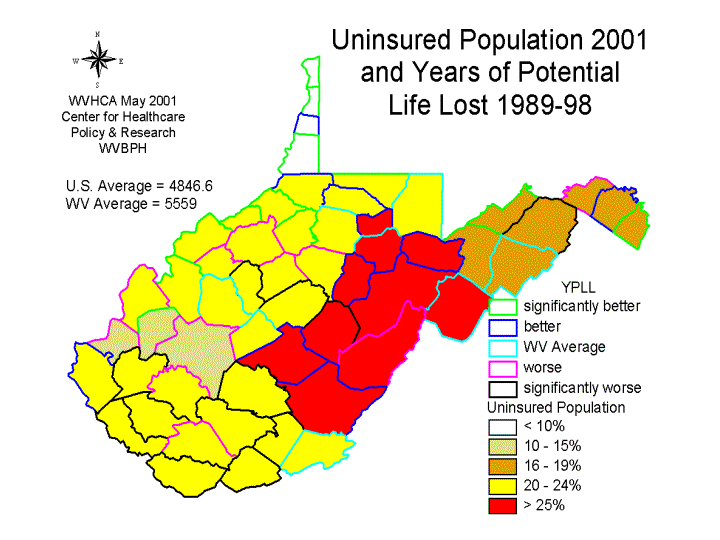 Uninsured Population 2001 and Years of Potential Life Lost 1989-98