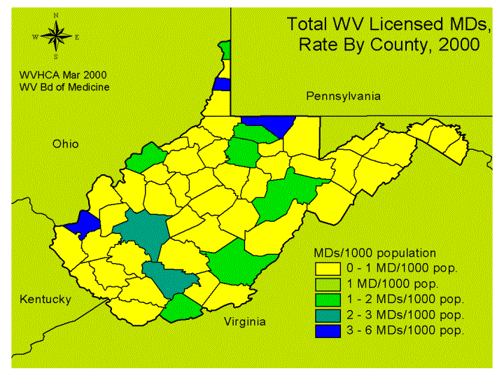 Total WV Licensed MDs, Rate By County, 2000
