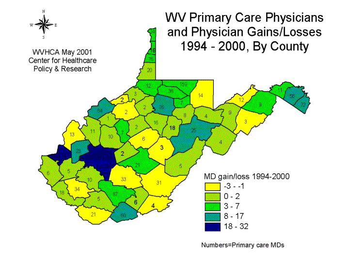 WV Primary Care Physicians and Physician Gains/Losses 1994-2000, By County