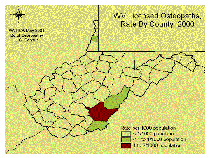 WV Licensed Osteopaths, Rate By County, 2000