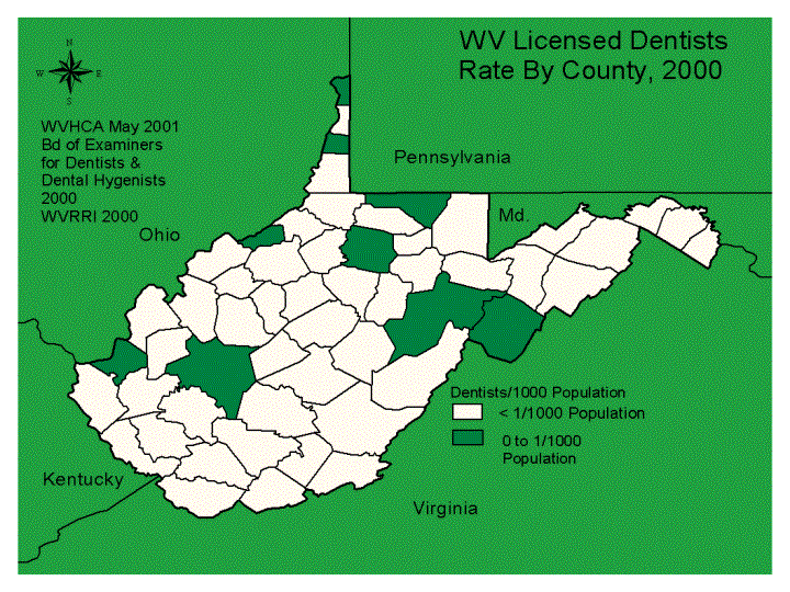 WV Licensed Dentists Rate By County, 2000