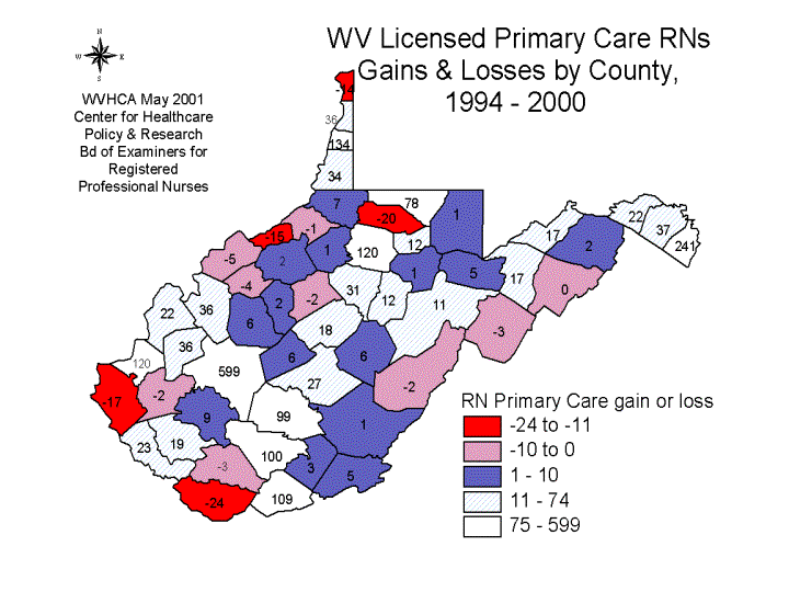 Primary Care RNs Gains & Losses by County, 1994-2000