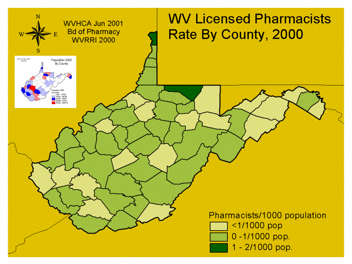 WV Licensed Pharmacists, Rate By County, 2000