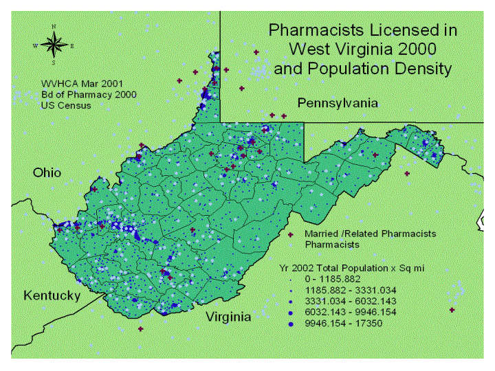 Pharmacists Licensed in West Virginia 2000 and Population Density
