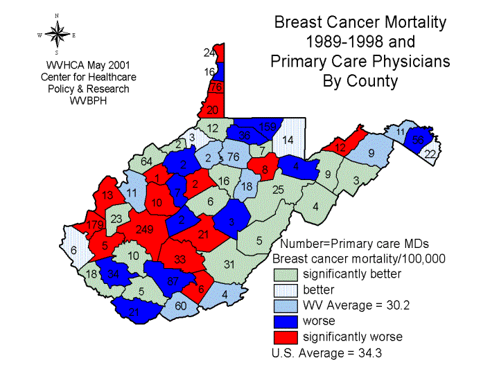 Breast Cancer Mortality 1989-1998 and Primary Care Physicians By County