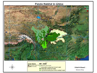 Cloudfree world image focused on China with wwf_eco layer, and polygon layer showing where Pandas live