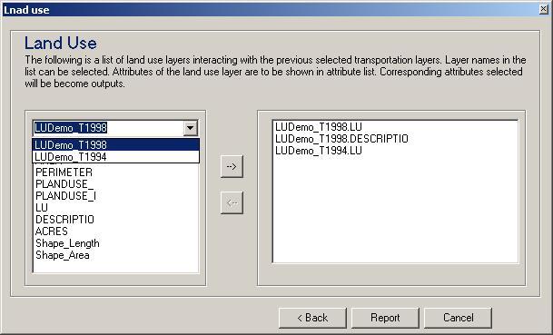 Figure 10: Dialog window to control land use attributes to be included in the analysis.