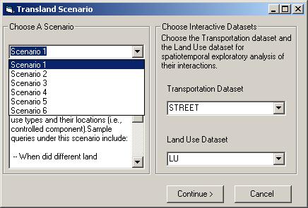 Figure 6: Six scenarios available for spatiotemporal analysis in the custom user interface.