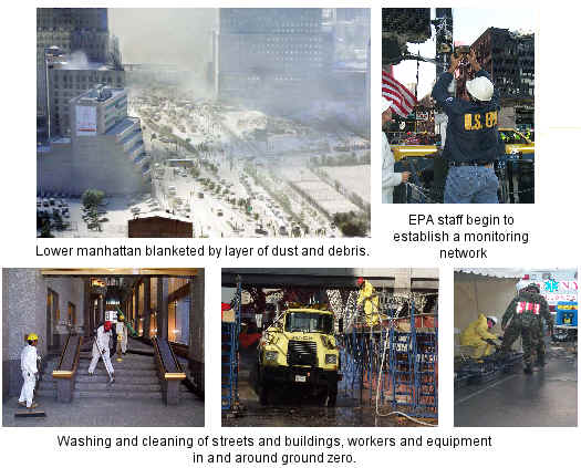 EPA's initial  response: establishing a monitoring network and washing and cleaning activity