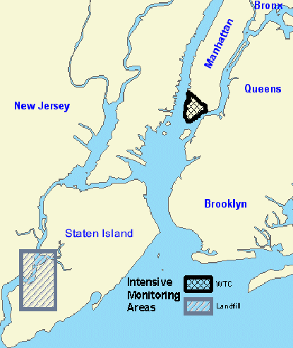 Primary monitoring activities were in downtown Manhattan and the vicinity of the Staten Island Landfill, although there were many additional regional sampling sites in the five bouroughs and New Jersey.