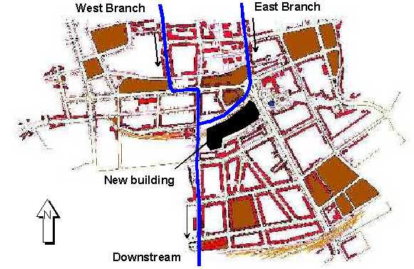 Location of the sewage network and the new building.