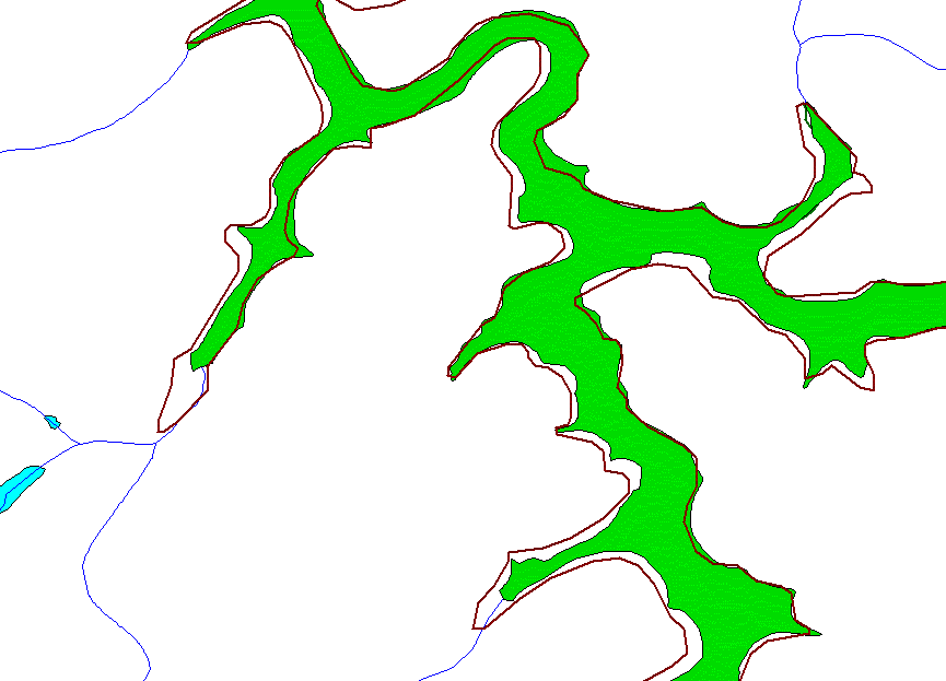 Shape comparison of a waterbody reach in KY in both 1:100K indexing and 1:24K indexing