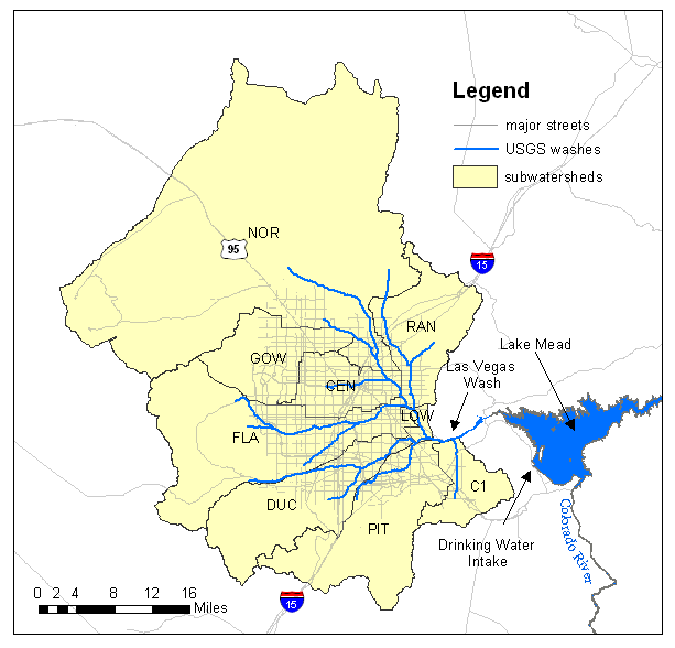 Figure 1: An overview of the Las Vegas Valley watershed, subwatershed boundaries, and the proximity to Lake Mead and the drinking water intake point. The subwatersheds are the following: C1 (C1 Channel), PIT (Pittman wash), DUC (Duck creek), FLA (Flamingo/Tropicana wash), LOW (Lower Las Vegas wash), CEN (Central basin), GOW (Gowan basin), RAN (Range wash), and NOR (North basin).