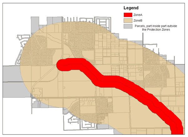 Figure 7: Example of parcels that are on the boundary of source water protection Zone B. 