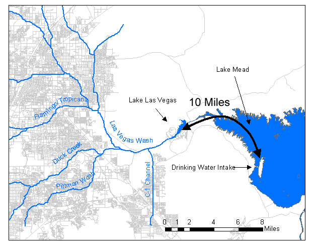 Figure 4: Limits of source water protection zone if the "minimum 10 miles upstream from intake" criteria is used in the SWAP. 