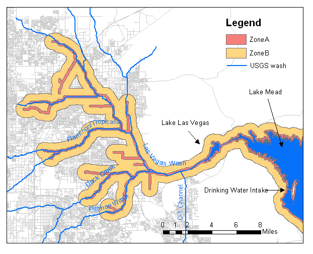 Figure 5: Source water protection areas for the Las Vegas Valley watershed based on the extent of dry weather flows. Zone A is a 500 foot buffer and Zone B is a 3000 foot buffer from Zone A. 