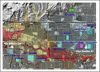 Figure 4. Map of liquefaction hazards in Simi Valley, Ventura, showing locations of schools and fire stations.