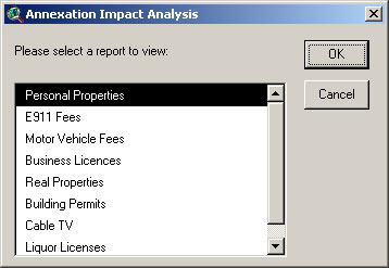 ArcView list box that allows the user to select and view a report type
