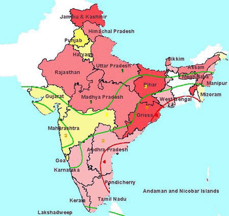 Map showing per capita income of different states in India.
