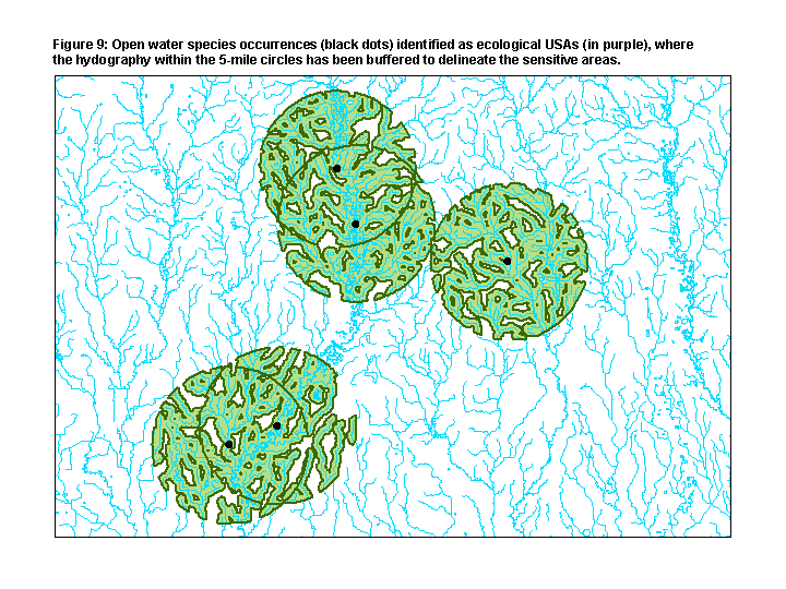 Figure 9: Open water species occurrences (black dots) identified as ecological USAs (in green), where the hydrography within the 5-mile circles has been buffered to delineate the sensitive areas.