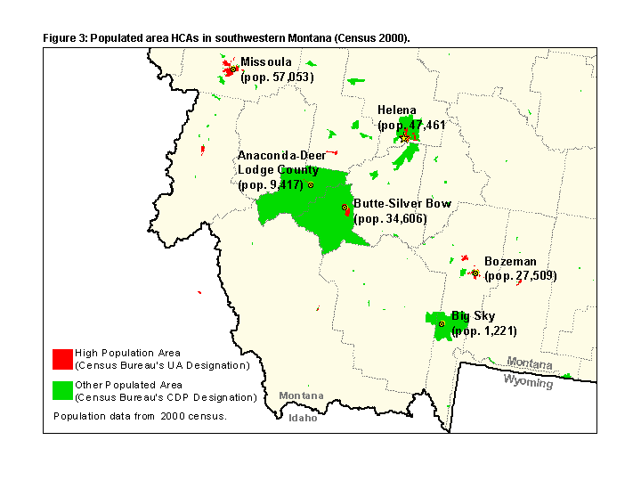 Figure 3: Populated area HCAs in southwestern Montana (Census 2000).