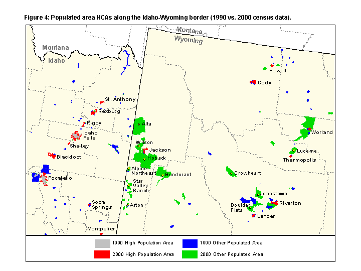 Figure 4: Populated area HCAs along the Idaho-Wyoming border 1990 vs. 2000 census data).