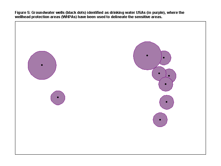 Figure 5: Groundwater wells (black dots) identified as drinking water USAs (in purple), where the wellhead protection areas (WHPAs) have been used to delineate the sensitive areas.