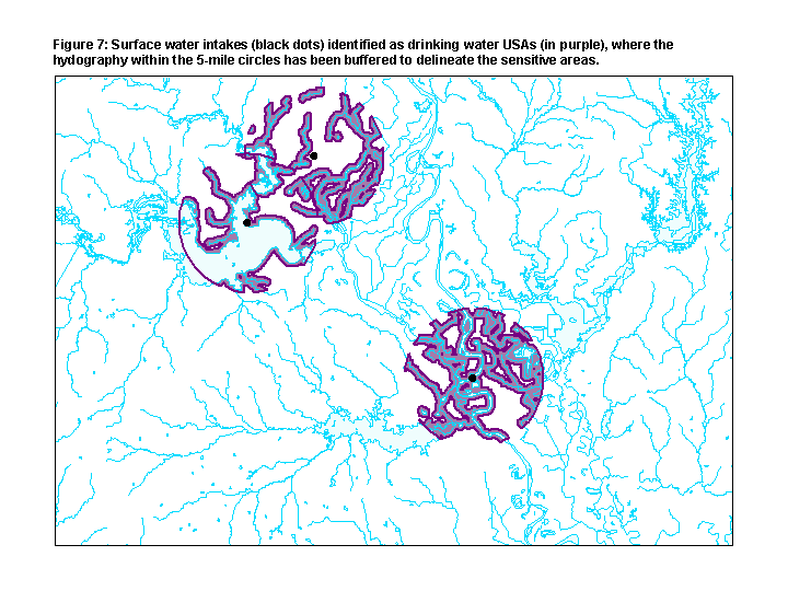 Figure 7: Surface water intakes (black dots) identified as drinking water USAs (in purple), where the hydrography within 5-mile circles has been buffered to delineate the sensitive areas.