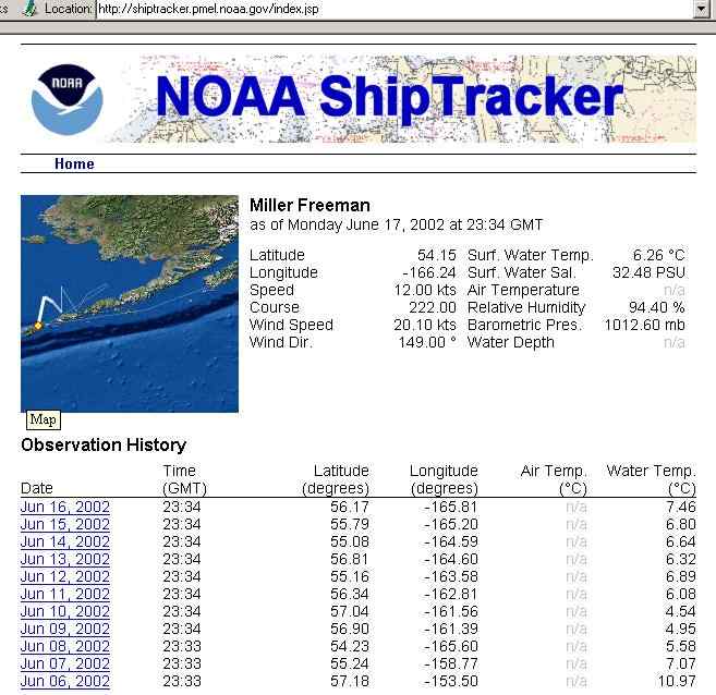 Example of the web page for a specific ship.  Shows a map of the ships location and trackline and a table of recent environmnetal conditions such as air and water temperature and wind speed.