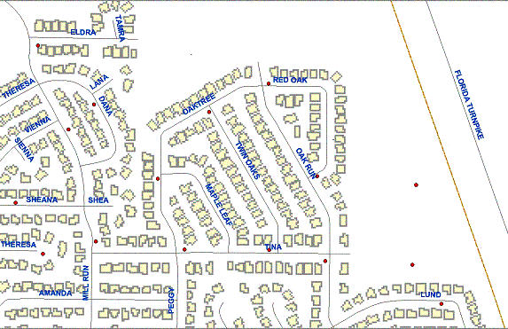 ArcView Map with Buildings, Roads, Hydrants