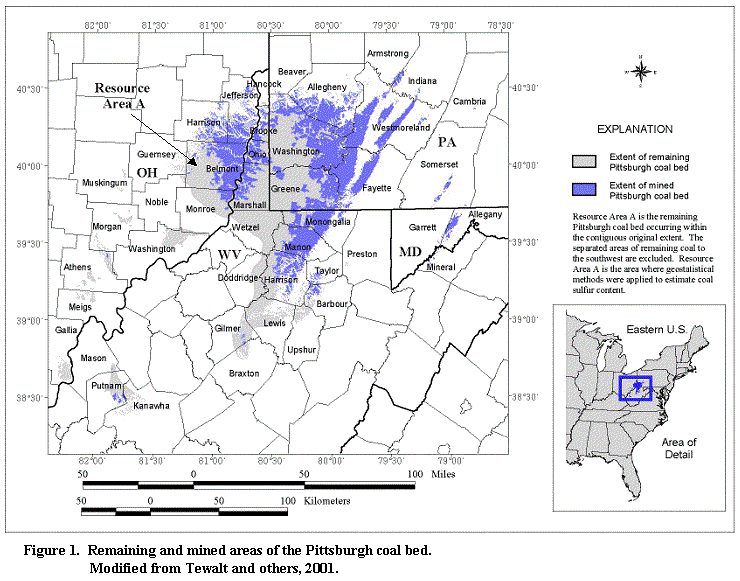 Figure 1.  Remaining and Mined Areas of the Pittsburgh Coal Bed. Modified from Tewalt and others, 2001.
